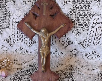 Vintage Wood carved and brass Crucifix