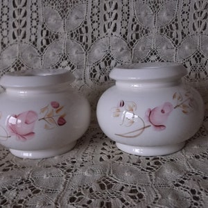 Vintage ceramic candle holder pair, pink roses white, cottage decor