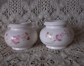 Vintage ceramic candle holder pair, pink roses white, cottage decor