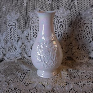 Vintage ceramic vase, 1980s pearlized glaze, flowers and bird