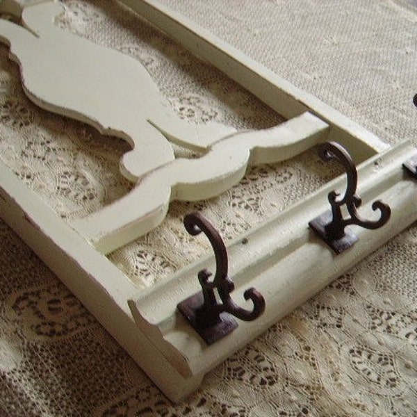 TREASURY ITEM Salvaged Country cottage Wall coat hanger, recycled chair, wood, distressed, creamy white