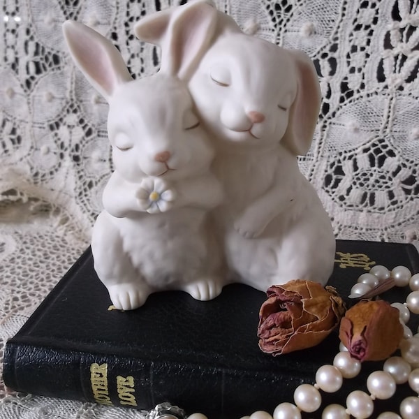 Vintage Love bunny figurine, homoco, He loves me 1990, wedding cake topper