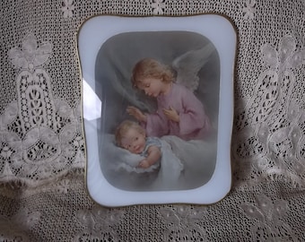 Vintage Baby and Guardian angel, framed picture made in Italy