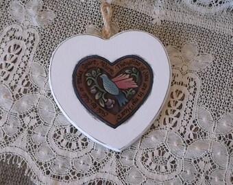 Vintage wood wall heart, bird, shabby white