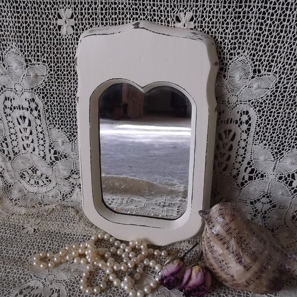 Shabby white wood mirror,  Rustic chic, vintage painted, small mirror