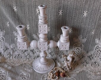 Carved wood Candle holder shabby Heirloom white