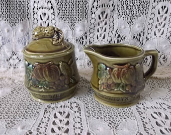 Vintage creamer and sugar bowl japan green with fruit