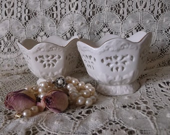 White porcelain filigree cup pair, Paul Sebastian Lenox option tea lights