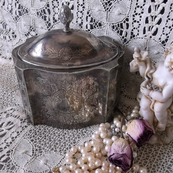 Vintage Covered trinket dish, silver metal, embossed, elegant dresser container, storage box
