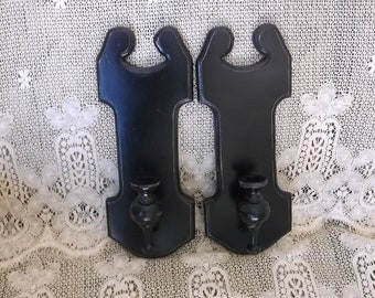 Vintage shabby black wood wall candle sconce pair