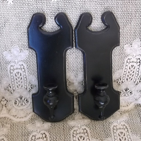 Vintage shabby black wood wall candle sconce pair