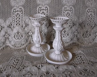 Vintage metal baroque candle holders, shabby white votive candle holder pair