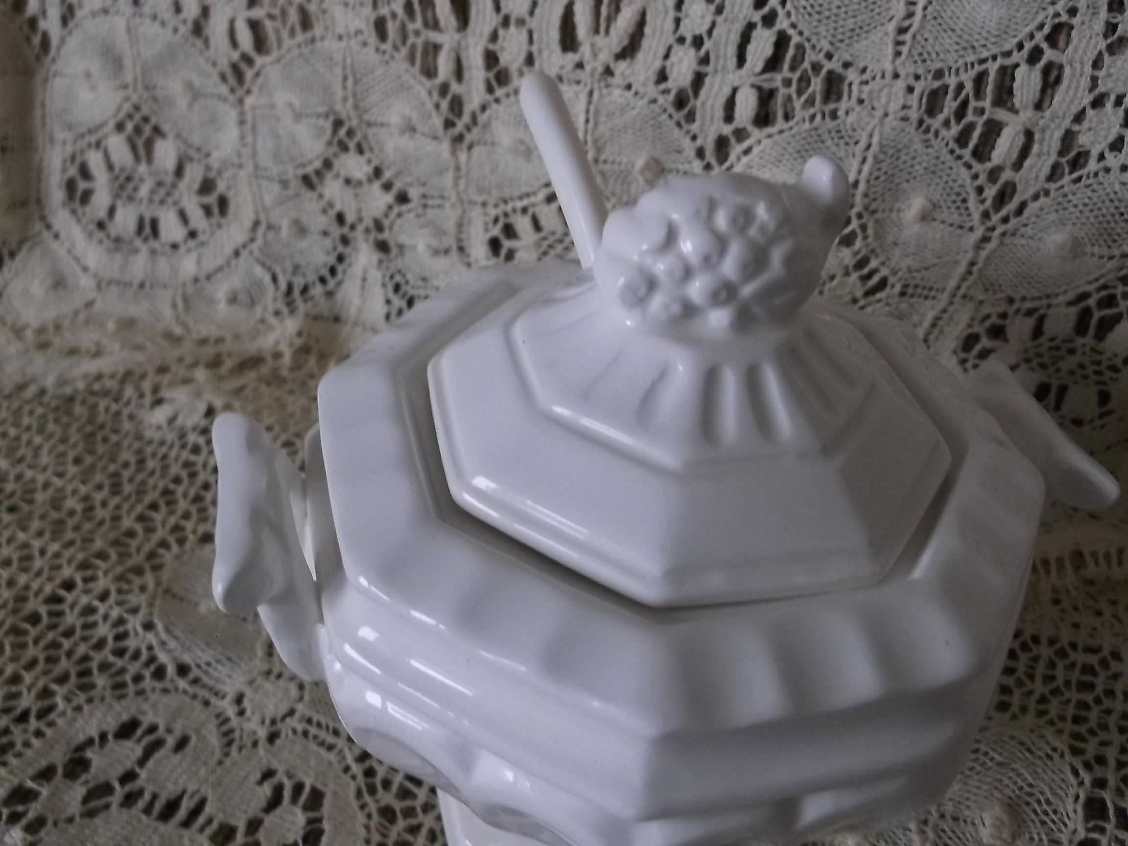 Vintage white covered sugar bowl with spoon Etsy