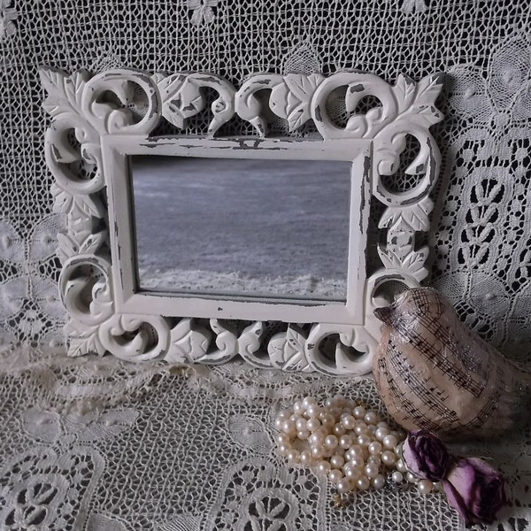 Shabby carved wood mirror, small mirror, ornate mirror, creamy white