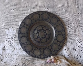 Vintage heavy brass and black enamel round tray, boho decor