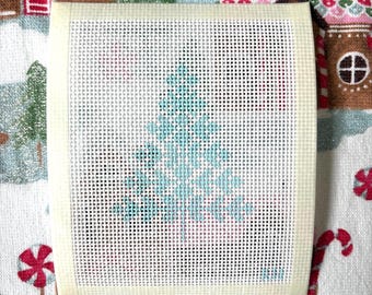 Lienzo de punto de cruz de invierno: Árbol de Navidad con copos de nieve, Zweigart, 13 puntos, pintado a mano.