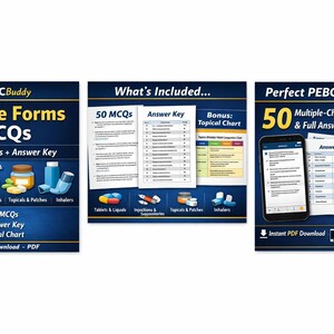 May include: Three navy blue educational graphics with white text. The first graphic displays "Dosage Forms MCQs" with 50 questions and an answer key. The second graphic shows "What's Included" with 50 MCQs and an answer key. The third graphic shows "Perfect PEBC Practice!" with 50 multiple-choice questions.