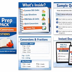 Może przedstawiać: Materiały edukacyjne do przygotowania do egzaminu PEBC. Obraz zawiera spiralny notatnik, książkę z liściem klonu i tablety cyfrowe wyświetlające "PEBC Prep MCQ Pack" z 50 pytaniami. Obejmuje kody SIG i konwersje.