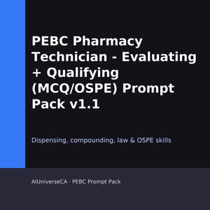 Puede incluir: Fondo oscuro con texto blanco: "PEBC Pharmacy Technician - Evaluating + Qualifying (MCQ/OSPE) Prompt Pack v1.1."  Textos adicionales: "Dispensing, compounding, law & OSPE skills" y "AlUniverseCA - PEBC Prompt Pack."