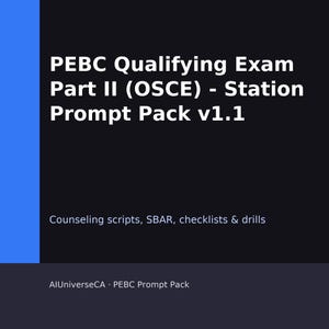 Puede incluir: Fondo oscuro con el texto "PEBC Qualifying Exam Part II (OSCE) - Station Prompt Pack v1.1". Debajo, se lee "Counseling scripts, SBAR, checklists & drills". La parte inferior dice "AlUniverseCA - PEBC Prompt Pack".
