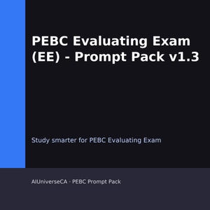 Puede incluir: Fondo oscuro con una franja vertical azul a la izquierda. El texto dice "PEBC Evaluating Exam (EE) - Prompt Pack v1.3". Debajo, dice "Study smarter for PEBC Evaluating Exam". La parte inferior dice "AlUniverseCA - PEBC Prompt Pack".