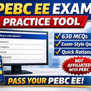 May include: Image promoting a PEBC EE exam practice tool. It shows a computer screen with a multiple-choice question, a smartphone with a "Free Mock" offer, and text highlighting 630 MCQs, exam-style questions, and quick rationales.