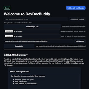 Peut inclure: Page web bleu foncé pour DevDocBuddy, avec du texte et des éléments interactifs. Les boutons incluent "Demo" et "Get the self-host bundle". La page comprend des sections pour le chargement de documents, la synthèse et un résumé de l'URL GitHub.
