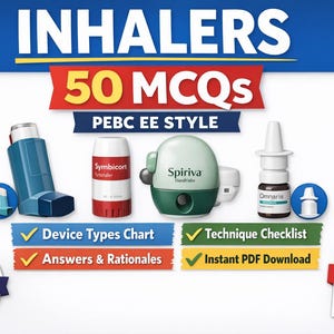 May include: Image features various inhaler devices, including a blue inhaler, a red and white Symbicort Turbuhaler, a green Spiriva Handihaler, and an Omnaris nasal spray. Text includes "INHALERS," "50 MCQs," and "PEBC EE STYLE."
