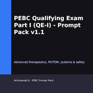 Puede incluir: Fondo oscuro con una franja vertical azul a la izquierda. El texto dice "PEBC Qualifying Exam Part I (QE-I) - Prompt Pack v1.1". Debajo, se lee "Advanced therapeutics, PK/TDM, systems & safety".