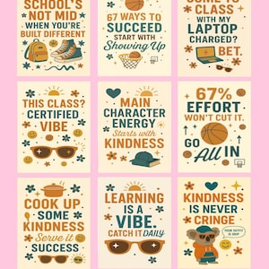 Puede incluir: Un conjunto digital de 15 carteles con fondo rosa. Cada cartel tiene un diseño único con texto e ilustraciones. Los temas incluyen la escuela, la amabilidad y el éxito. El conjunto está diseñado para las vibraciones del aula Gen Z y Alpha.