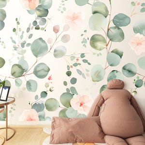 Eucalyptus Floral Peel and Stick Wallpaper: Removable Botanical Wall Decal