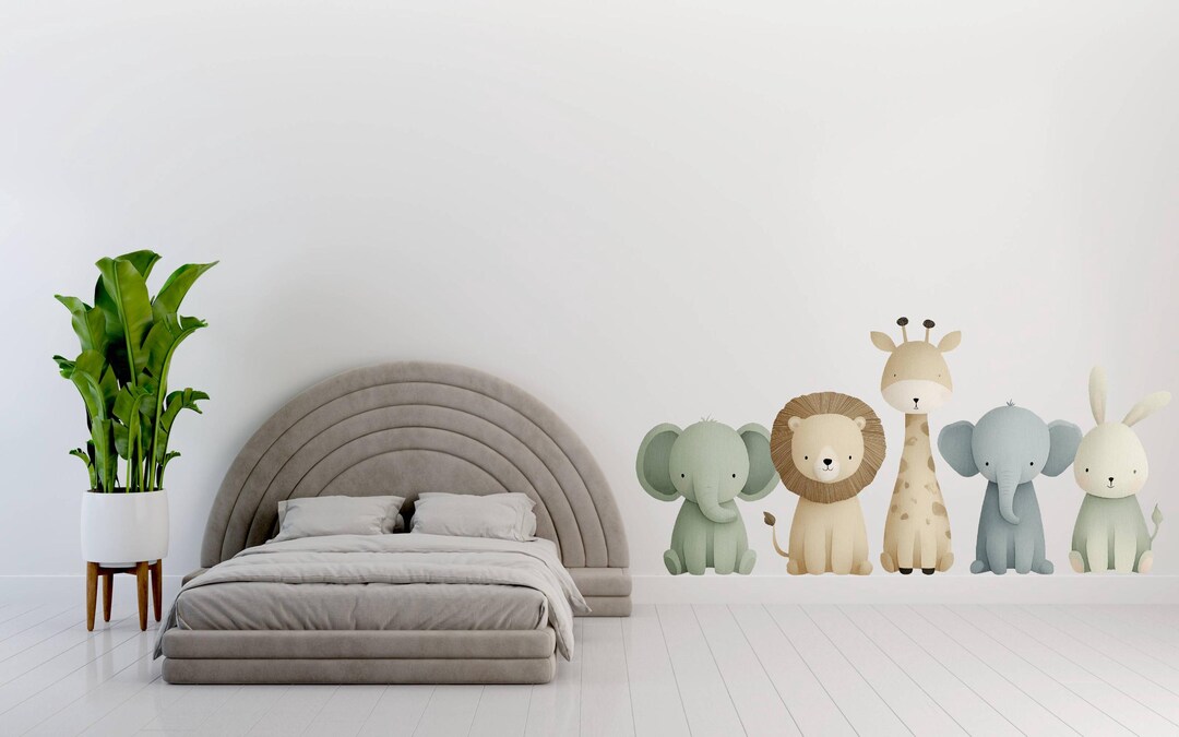 Safari Animal Wall Decal Set, Elephant Lion Giraffe Bunny Vinyl Sticker ...