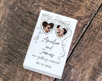 Custom Photo Wedding Matchboxes, Personalized Heart Bow Matchbook, Bulk Bridal Shower Engagement Party Guest Favors