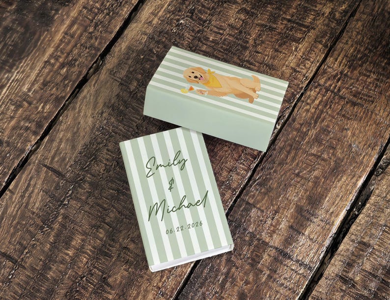 May include: Two matching boxes with a light green and white striped pattern. One box has a cartoon dog illustration. The other box has the names "Emily & Michael" and the date "06.22.2026" printed on it.
