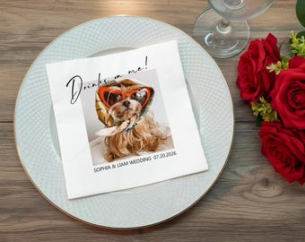 Custom Dog Face Cocktail Napkins - Personalized Wedding Napkins - Dog Cat Full Color Napkins - Pet Lover Reception Decoration - Drunk on Me