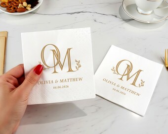 Personalized Wedding Napkins with Monogram – Custom Cocktail Napkins for Reception, Elegant Gold Party Napkin