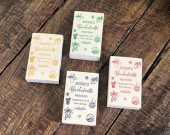 Cajas de cerillas personalizadas para despedida de soltera, con nombre, fecha, dirección y lugar, recuerdos para fiestas en la playa, recuerdos para despedidas de soltera, decoración para despedidas de soltera.
