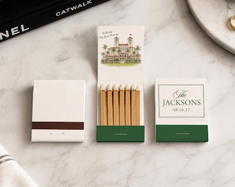 Custom Venue Wedding Matchbooks, Personalized Guest Favors, Venue Portrait Illustration,  Reception Matchbox Favor