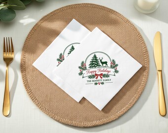 Personalized Christmas Napkins, Custom Family Name Holiday Napkins, Christmas Dinner Table Decor, Cocktail Paper Napkins for Holiday Party