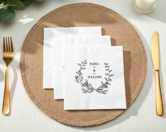 Custom Wedding Napkins Personalized Botanical Design Elegant Monogram Disposable Cocktail Napkins for Reception Table Décor Party Favors