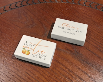 Caja de cerillas para baby shower, ¡Un pequeño tesoro está en camino! Recuerdos personalizados para baby shower con cítricos, decoración para baby shower con temática naranja.