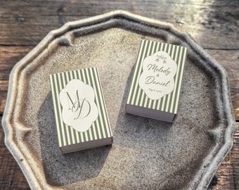 Cajas de cerillas vintage personalizadas para bodas, iniciales y nombres personalizados, caja de cerillas con cinta para copas de cóctel, recuerdos de boda retro a rayas con fecha.