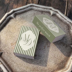 Boîtes d'allumettes personnalisées pour mariage vintage, initiales et noms personnalisés, boîte d'allumettes ruban en verre à cocktail, cadeaux de mariage à rayures rétro avec date image 8
