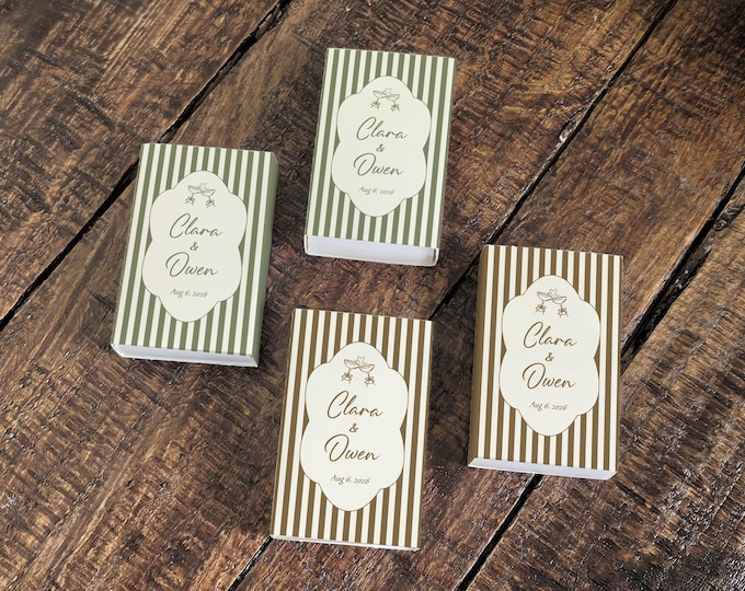 Personalized Vintage Wedding Matchboxes, Cocktail Glass Ribbon Match Box – Custom Wedding Favors with Names & Date, Retro Striped Design
