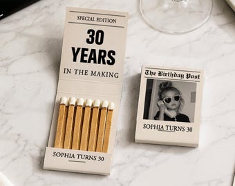 Custom Vintage Newspaper Birthday Matchbooks, Personalized Photo Favors for 30th & Milestone Parties