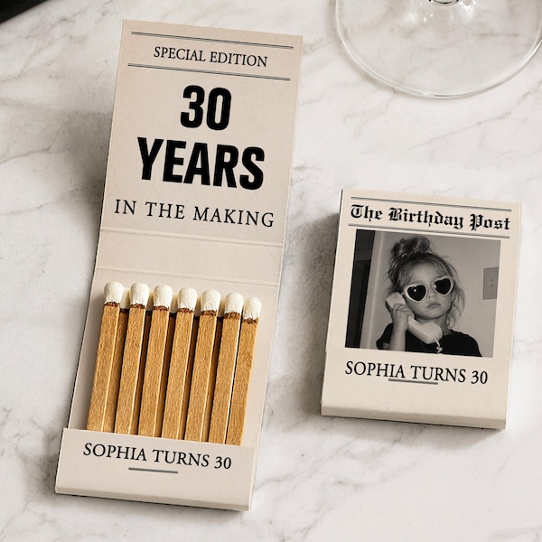 Custom Vintage Newspaper Birthday Matchbooks, Personalized Photo Favors for 30th & Milestone Parties