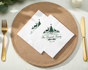 Personalized Christmas Napkins, Family Name Holiday Napkins, Woodland Reindeer Christmas Dinner Table Decor, Farmhouse Holiday Paper Napkins