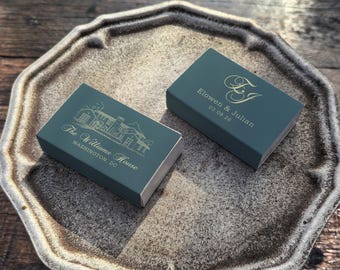 Cajas de cerillas personalizadas para bodas, ilustración del lugar de destino, libros de cerillas personalizados con iniciales y nombres, regalos de boda de lujo
