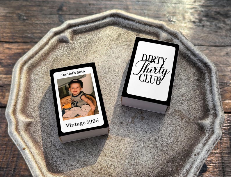 Dirty Thirty Club Matchboxes, Custom Photo Birthday Favors, Vintage 1995 Birthday Decor, 30th Birthday Party Keepsakes, Milestone Matches image 16