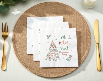 Personalized Christmas Napkins, Custom Family Holiday Dinner Napkins, Oh What Fun Table Decor, Xmas Party Tableware, Festive Dinner Napkins